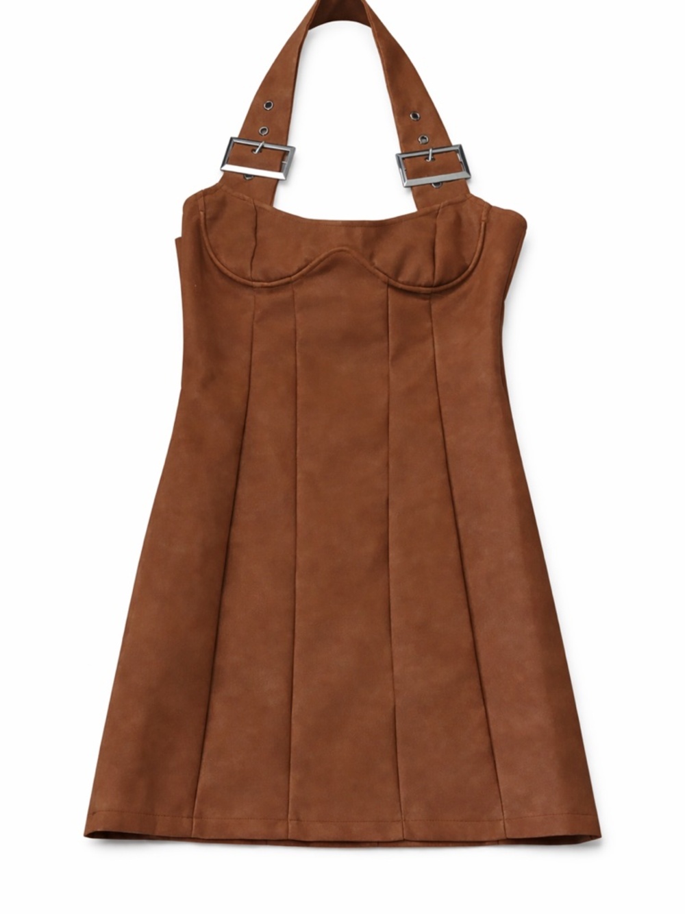 PrettyLittleThing Faux Leather Corset Mini Dress Brown Buckle Straps Bodycon Y2K